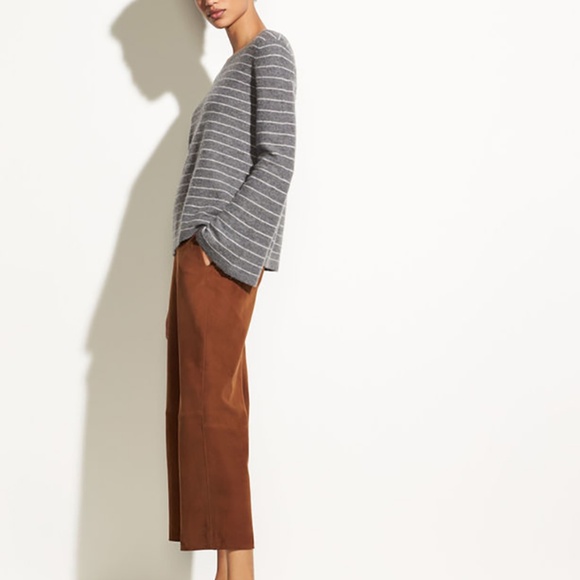 VINCE NWT 100% CASHMERE STRIPED BELL SLEEVE HEATHER STONE/STERLING SWEATER. XS - Picture 2 of 15